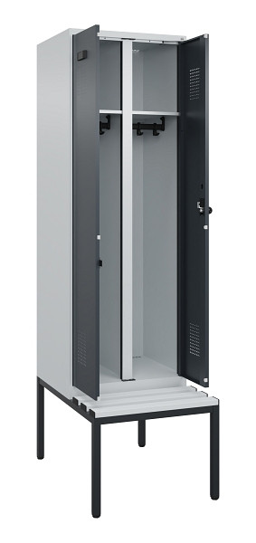 C+P Schwarz-Weiß-Spind Evolo PLUS, Bank, 2 Abteile, 2120x600x815mm, 7035/7016, Drehriegel, Sitzfläche Kunststoff, Sitzbank, 0490527-20 S10066