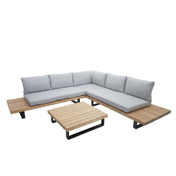 Mendler Garten-Garnitur HWC-H54, Garnitur Sitzgruppe Lounge-Set Sofa, Spun Poly Akazie Holz, Kissen hellgrau, 73640+73641