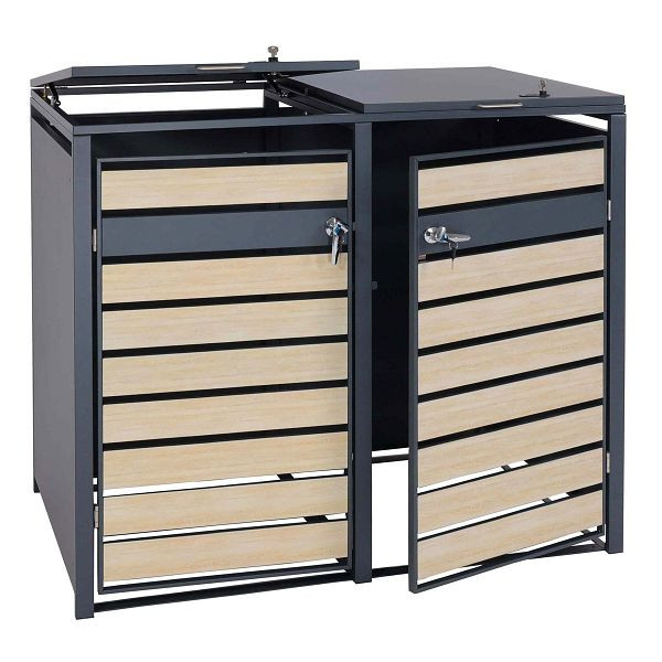 Mendler XL 2er/4er-Mülltonnenverkleidung HWC-J81, Mülltonnenbox, Metall 59kg anthrazit, Buche-Holzoptik hellbraun, 83408+83409