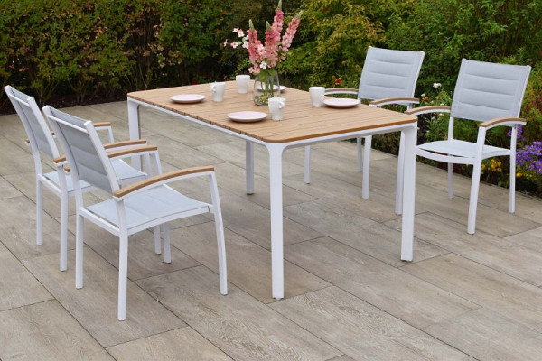 Merxx Pisa Set 5-teilig, weiß, 4 Stapelsessel, 1 Tisch 160 x 90 cm, Armlehnen und Tischplatte in realistischer Holzoptik, 51098-208