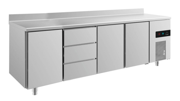 A&S Polarny Kühltisch -2 bis +8°C mit 3x Türen und 1x drei Schubladen mittig-links, 2330 x 700 x 850 mm, mit Aufkantung, KT4TDTTA