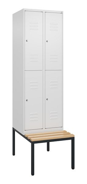 C+P Doppelstöckiger Spind Classic PLUS, 2 Abteile, 2120x600x815mm, 9016/9016, Zylinderschlösser, Buche-Sitzleisten, Sitzbank, 0803507-20 S10104