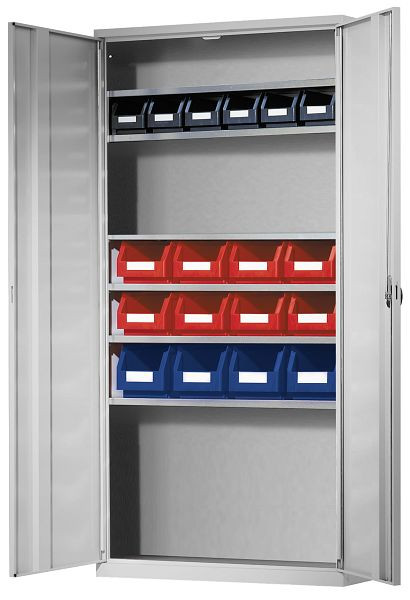 Kappes Ordnungsschrank mit Türen Modell 42, 1950 x 950 x 400 mm, RAL 7035, Inklusiv Lagersichtkasten 4 x Größe 3, 8 x Größe 4, 6 x Größe 5, 1004.03.1013