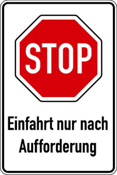 Schilder Klar Parkplatzschild STOP Einfahrt nur nach Aufforderung, 600x900x2 mm Aluminium 2 mm, 1169/55