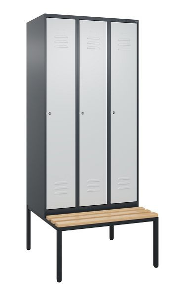 C+P Umkleidespind Classic PLUS, mit untergebauter Sitzbank, 3 Abteile, 2120x900x815mm, 7016/7035, Zylinderschlösser, Buche-Sitzleisten, 0800507-30 S10057
