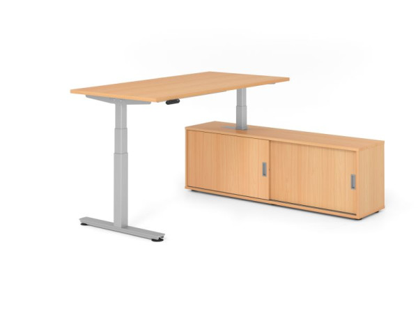 Hammerbacher Schreibtisch XDSM16, 160x80cm, Platte: Buche, T-Fuß Gestell Silber, Höhe: 63 - 127 cm, Buche / Buche, VXDSM16SB/6/S/6/6