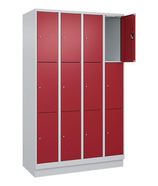 C+P Schließfachschrank Evolo PLUS, mit Sockel, 12 Fächer, 1950x1200x500mm, 7035/3003 Rubinrot, Abteile 4, Abteilbreite 300 mm, 049020-403 S10004