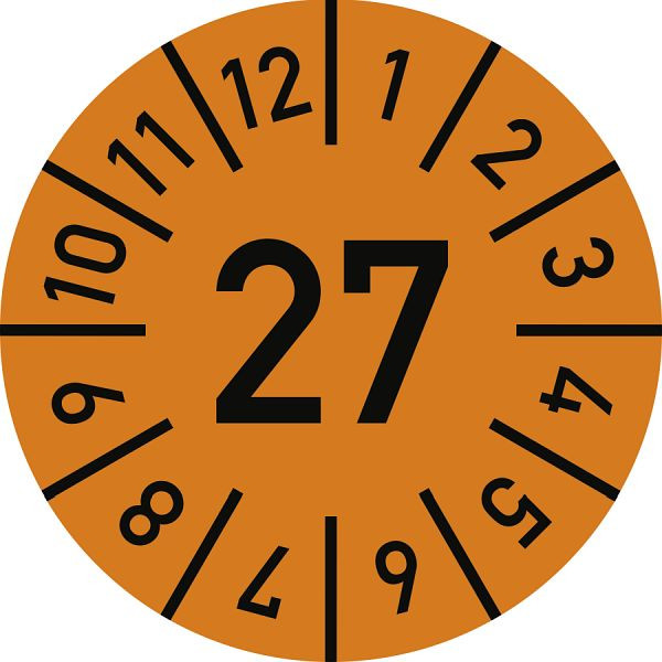 Moedel Prüfplakette Jahr 27 mit Monaten, orange, Folie-Spezialkleber, Ø 30 mm, VE: 10 Stück/Bogen, 105992