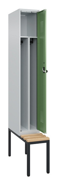 C+P Spind Evolo PLUS, 1 Abteile, 2120x300x815mm, 7035/6011, Haken 4, Drehriegel, Sitzfläche Buche-Hartholz, Sitzbank, 0490507-10F S10010