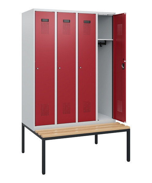 C+P Spind Evolo PLUS, 4 Abteile, 1950x1200x815mm, 7035/3003, Zylinderschloss, Sitzfläche Buche-Hartholz, Sitzbank, 0490505-40 S10026