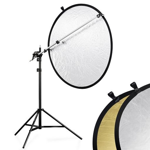 Walimex Reflektorhalter-Set silber/gold, Ø 100cm, Lampenstativ, Doppelreflektor, 1012562
