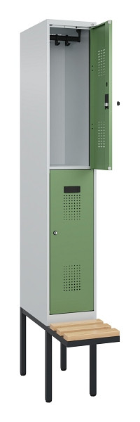 C+P Doppelstock-Spind Evolo PLUS, Bank, 2 Fächer, 2120x300x815mm, 7035/6011, Zylinderschloss, Sitzfläche Buche-Hartholz, 0493407-10 S10037