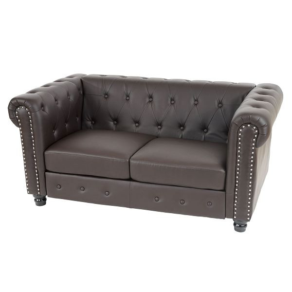 Mendler Luxus 2er Sofa Loungesofa Couch Chesterfield Kunstleder, runde Füße, braun, 31988+31989+31990