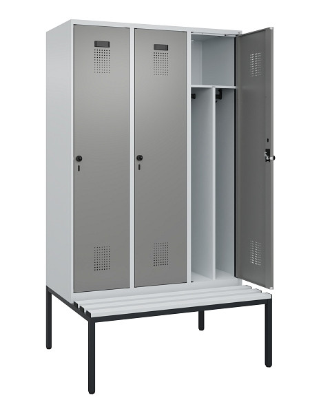 C+P Spind Evolo PLUS, 3 Abteile, 2120x1200x815mm, 7035/0004, Haken 4, Drehriegel, Sitzfläche Kunststoff, Sitzbank, Trennwand, 0490507-32F S10068