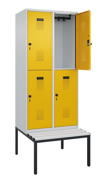 C+P Doppelstock-Spind Evolo PLUS, Bank, 4 Fächer, 2120x800x815mm, 7035/1004, Drehriegel, Sitzfläche Kunststoff, Sitzbank, 0493507-22 S10081