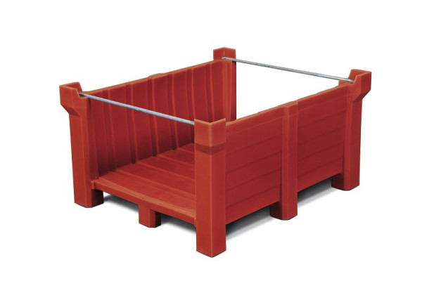 DENIOS Stapelbehälter PolyPro aus PE, 300 Liter Volumen, stirnseitig offen, rot, 185822