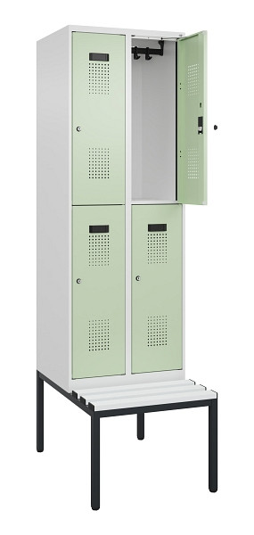 C+P Doppelstock-Spind Evolo PLUS, Bank, 4 Fächer, 2120x600x815mm, 9016/6019, Zylinderschloss, Sitzfläche Kunststoff, Sitzbank, 0493507-20 S10134