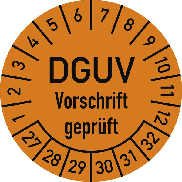 Moedel Prüfplakette DGUV Vorschrift geprüft, 2027-2032, Folie, Ø 25 mm, VE: 10 Stück/Bogen, 108299