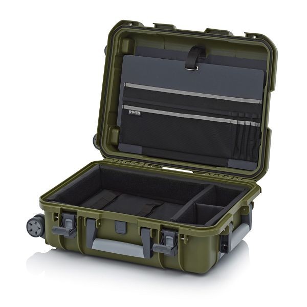 Auer Schutzkoffer Pro Trolley, Olivgrün, ohne Schloss, Laptopeinsatz 15" mit Deckeltafel Band grau, CP 5422 B2-6003