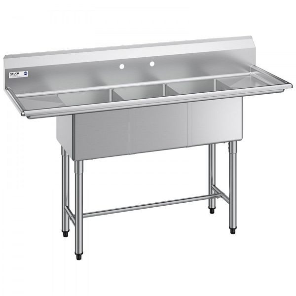VEVOR Edelstahlspüle, 3 Becken & 2 Abtropfflächen, Spritzschutz (1678 x 558 x 1097 mm), für Restaurant/Imbiss/privat, BXGDLSSCMSSC0BMHZ001V0