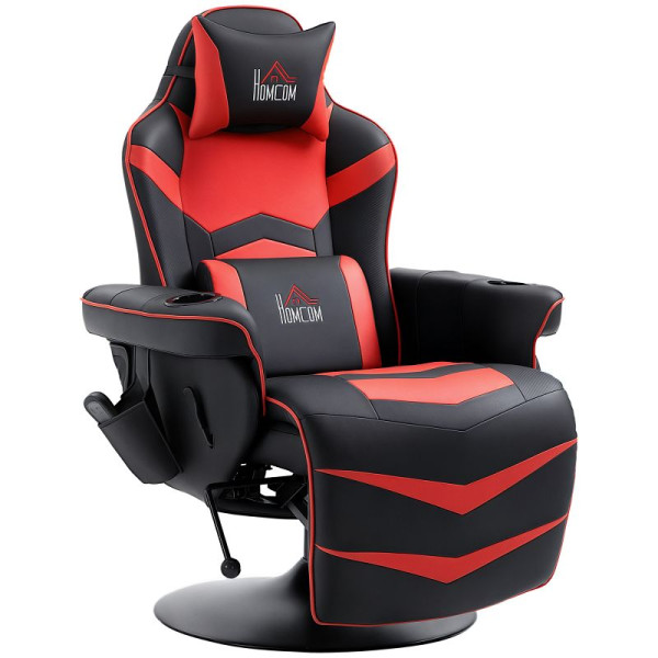 HOMCOM Gamingsessel, Massagefunktion, neigbare Lehne, Fußstütze, bis 120 kg, Stahlrahmen, Kunstleder, Rot, 700-142