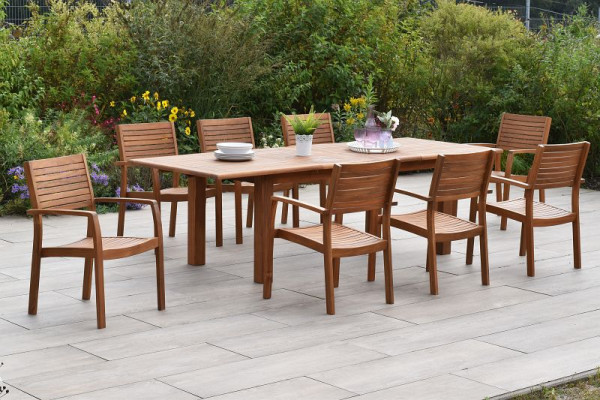 Merxx Batavia Set 9-teilig, 8 Batavia Stapelsessel, 1 Doppelausziehtisch, 180 (220/260) x 100 cm, FSC Akazienholz, 50955-011