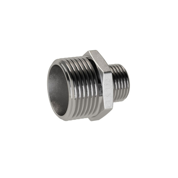 Riegler Doppelgewindenippel reduzierend, R 1 1/4, R 1, AG, SW 43, ES 1.4408, 118546