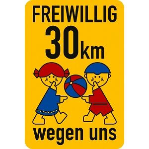 Moedel Schulwegschild "FREIWILLIG 30 km ... wegen uns" (mit Ball), Alu, 500x750 mm, 60204