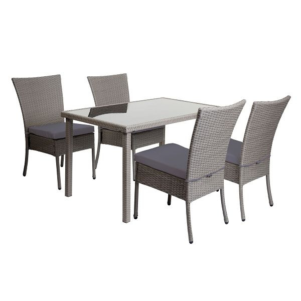 Mendler Poly-Rattan Garnitur HWC-G19, Sitzgruppe Balkon-/Lounge-Set, 4xStuhl+Tisch, 120x75cm, grau, Kissen dunkelgrau, 2x97138+97137
