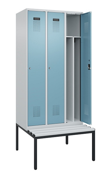 C+P Spind Evolo PLUS, 3 Abteile, 2120x900x815mm, 7035/0010, Haken 4, Zylinderschloss, Sitzfläche Kunststoff, Sitzbank, 0490507-30F S10090