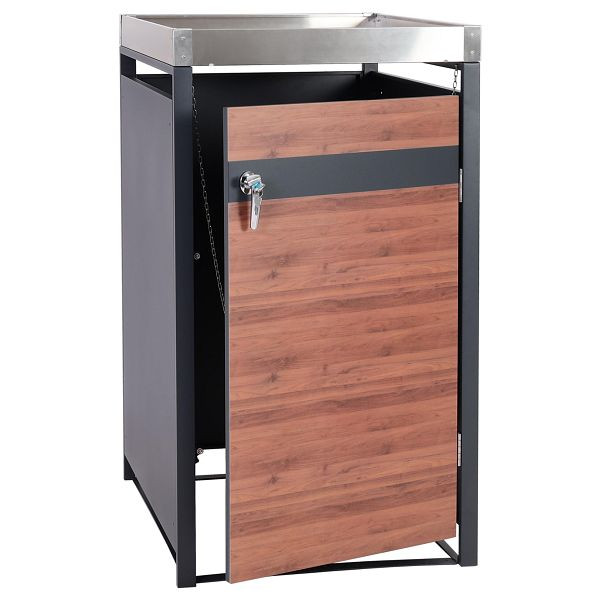Mendler 1er Mülltonnenverkleidung mit Pflanzkasten HWC-J82, erweiterbar, Metall 37kg, anthrazit, Kirsche-Holzoptik dunkelbraun, 101340