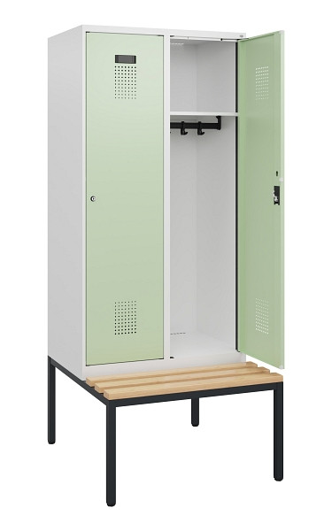 C+P Spind Evolo PLUS, 2 Abteile, 1950x800x815mm, 9016/6019, Zylinderschloss, Sitzfläche Buche-Hartholz, Sitzbank, 0490505-22 S10046