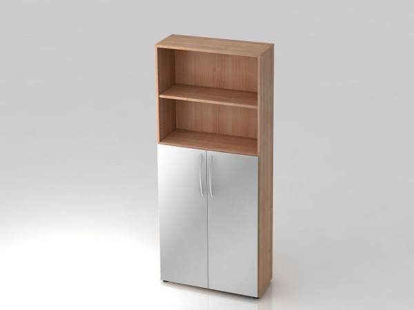 Hammerbacher Regal 5OH, 3OH Türen unten, Bogengriff Nussbaum/Silber, 80x34,6x188 cm (BxTxH), V4770/N/S/BM