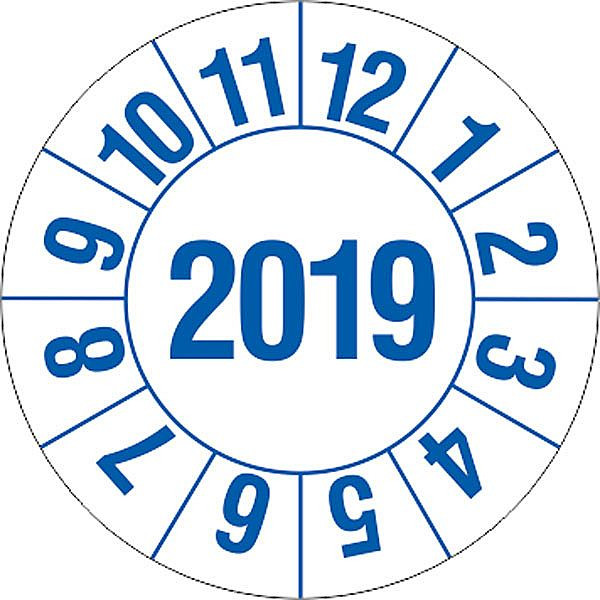 SafetyMarking Prüfplakette, 2018, Jahr der Prüfung: 19, Ø 3 cm, Folie, selbstklebend, VE: 15 Stück/Bogen, 30.C4015-2018
