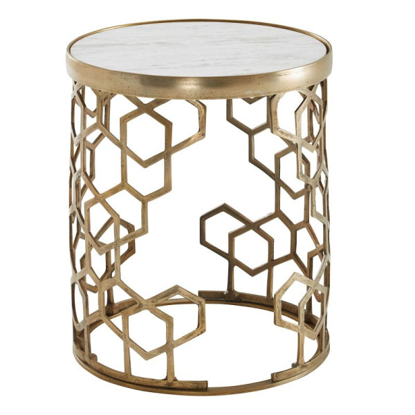 Wohnling Beistelltisch Echter Marmor Weiß 46 x 46 x 55 cm Anstelltisch Metall Gold, Kleiner Sofatisch Rund, Wohnzimmertisch Couch Modern, WL6.629