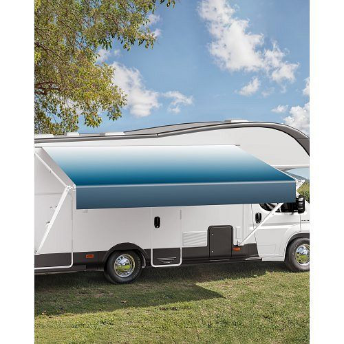 VEVOR einziehbare Wohnwagen-Markise 548,64 cm, wasserdicht, Aluminiumrahmen, weißer Ständer, blauer Stoff mit Farbverlauf, SDKSSSFCZYP1V4YV1V0