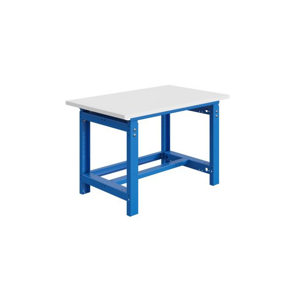 SOFAME SI Werkbank, mechanisch höhenverstellbar, B 1800 x T 750 x H 770 bis 1050 mm, RESITOP Laminat-Arbeitsplatte 30 mm, Himmelblau RAL 5015, W010010239BI