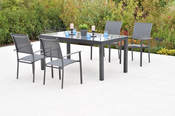 Merxx Milano Set 5-teilig, 4 Milano Stapelsessel, graphit/grau, 1 Ausziehtisch, 150 (210) x 90 cm, 51050-309