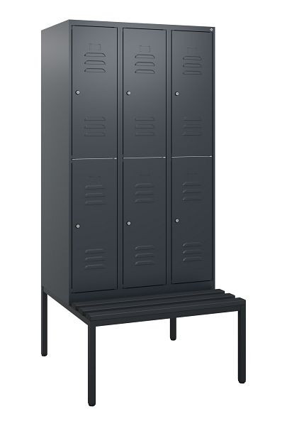 C+P Doppelstöckiger Spind Classic PLUS, 3 Abteile, 1950x900x815mm, 7016/7016, Zylinderschlösser, mit untergebauter Sitzbank, 0803505-30 S10087