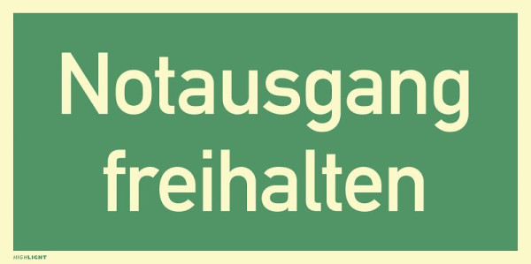 Moedel Notausgang freihalten, Textschild, Kunststoff, nachleuchtend, 160-mcd, 297x148 mm, 60950