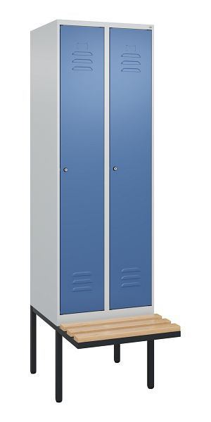 C+P Umkleidespind Classic PLUS, 2 Abteile, 2120x600x815mm, 7035/5023, Zylinderschlösser, Buche-Sitzleisten, 3 Doppel-Haken, 0800407-20 S10051