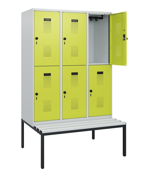 C+P Doppelstöckiger Spind Evolo PLUS, Bank, 6 Fächer, 1950x1200x815mm, 7035/0024, Drehriegel, Sitzfläche Kunststoff, Sitzbank, 0493505-32 S10111