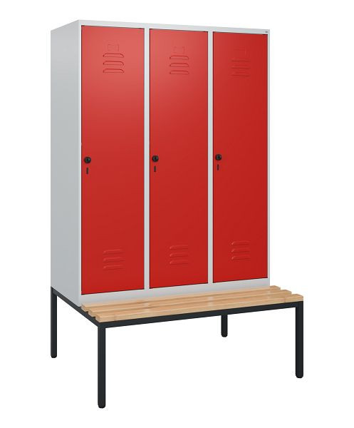 C+P Umkleidespind Classic PLUS, mit untergebauter Sitzbank, 3 Abteile, 1950x1200x815mm, 7035/3020, Drehriegel, Buche-Sitzleisten, 0800505-32 S10002