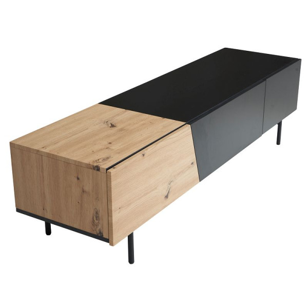 Wohnling Lowboard Schwarz mit Eiche-Dekor 150x40x40 cm TV-Kommode Modern, Design TV-Schrank Niedrig, Fernsehtisch mit Türen & Schublade, WL6.815