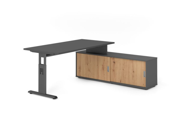 Hammerbacher Aufsatz-Schreibtisch OSE16, 160x80cm, Platte: Graphit, 25mm dick, T-Fuß Gestell Graphit, Graphit / Asteiche, VOSE16SB/G/G/G/R