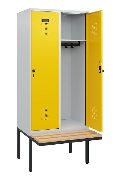 C+P Spind Evolo PLUS, 2 Abteile, 1950x800x815mm, 7035/1023, Drehriegel, Sitzfläche Holz, 0490405-22 S10001