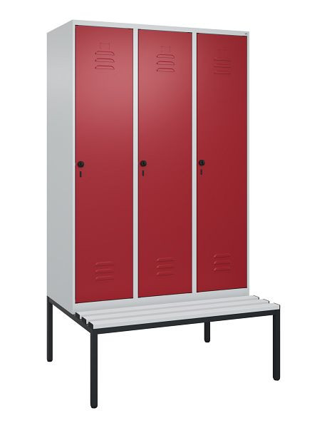C+P Umkleidespind Classic PLUS mit Mitteltrennwand, Bank, 3 Abteile, 2120x1200x815mm, 7035/3003, Drehriegel, 0800507-32F S10031