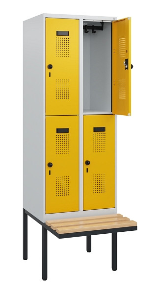 C+P Doppelstock-Spind Evolo PLUS, Bank, 4 Fächer, 1950x600x815mm, 7035/1004, Drehriegel, Sitzfläche Buche-Hartholz, 0493405-20 S10000