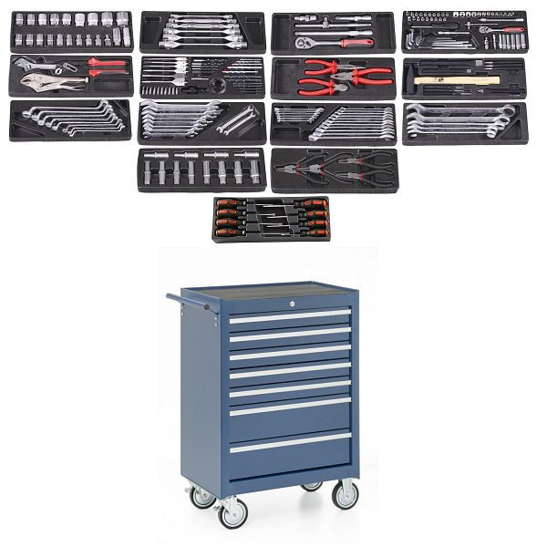 Metra Werkstattwagen, 7 Schubladen, blau, gefüllt mit 14 Werkzeugsätzen, 9810208
