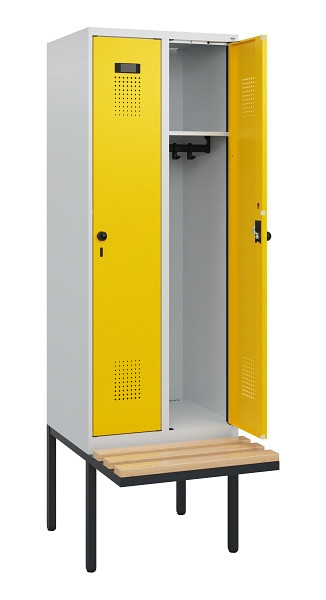C+P Spind Evolo PLUS, 2 Abteile, 1950x600x815mm, 7035/1023, Drehriegel, Sitzfläche Holz, 0490405-20 S10001